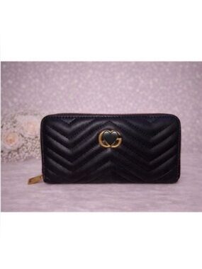 Black Quilted Zip Wallet with Gold Emblem